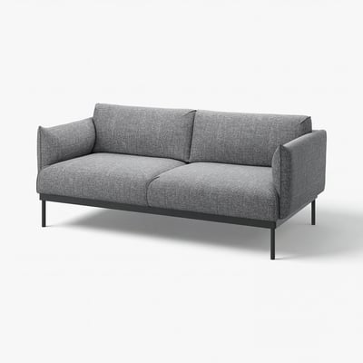 Modern grå ÄPPLARYD-soffa, tyg, lågprofil, smala ben, mysiga kuddar.