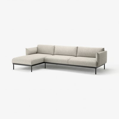 Modern grå L-formad ÄPPLARYD-soffa med smala metallben och slank design.