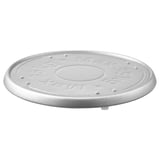 Silver cirkulär galvaniserad stålanläggningsflyttare med upphöjd text och design, med präglad cirkel i mitten.