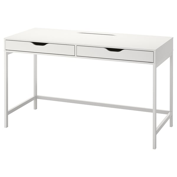 Bilden visar ett ALEX vitt minimalistiskt skrivbord med eleganta linjer, två lådor och inbyggd kabelhantering för snygga arbetsytor.