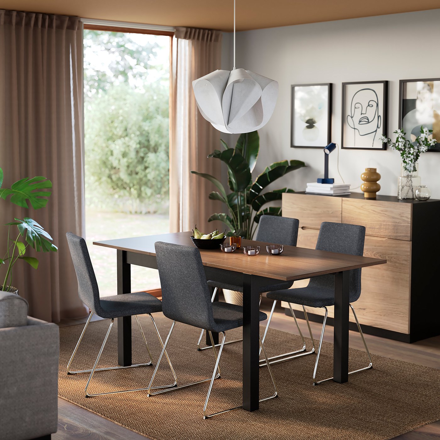 IKEA ÅLHULT / LILLÅNÄS bord och 4 stolar, svart/brun/gunnared mörkgrå förkromad, 120/170x80 cm