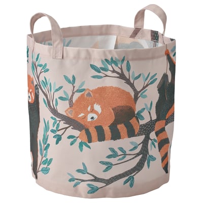 Rosa förvaringskorg med handtag, panda- och grönbladsdesign, återvunnen polyester och plast.