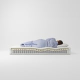 Person som sover på blå ÅNNELAND-madrass, hybriddesign med pocketfjädrar och skumlager.
