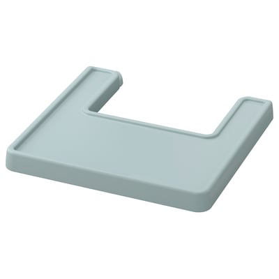 Ljusblå plastbricka, rektangulär med två skopade sidor, designad för enkel hantering och servering.