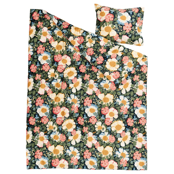Blommig sängklädessats, svart bakgrund, flerfärgade blommor, rektangulär form.
