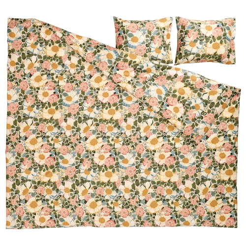Arnebok-täckeset, beige, blommönster, mjuk bomulls-lyocell, rektangulär med örngott.