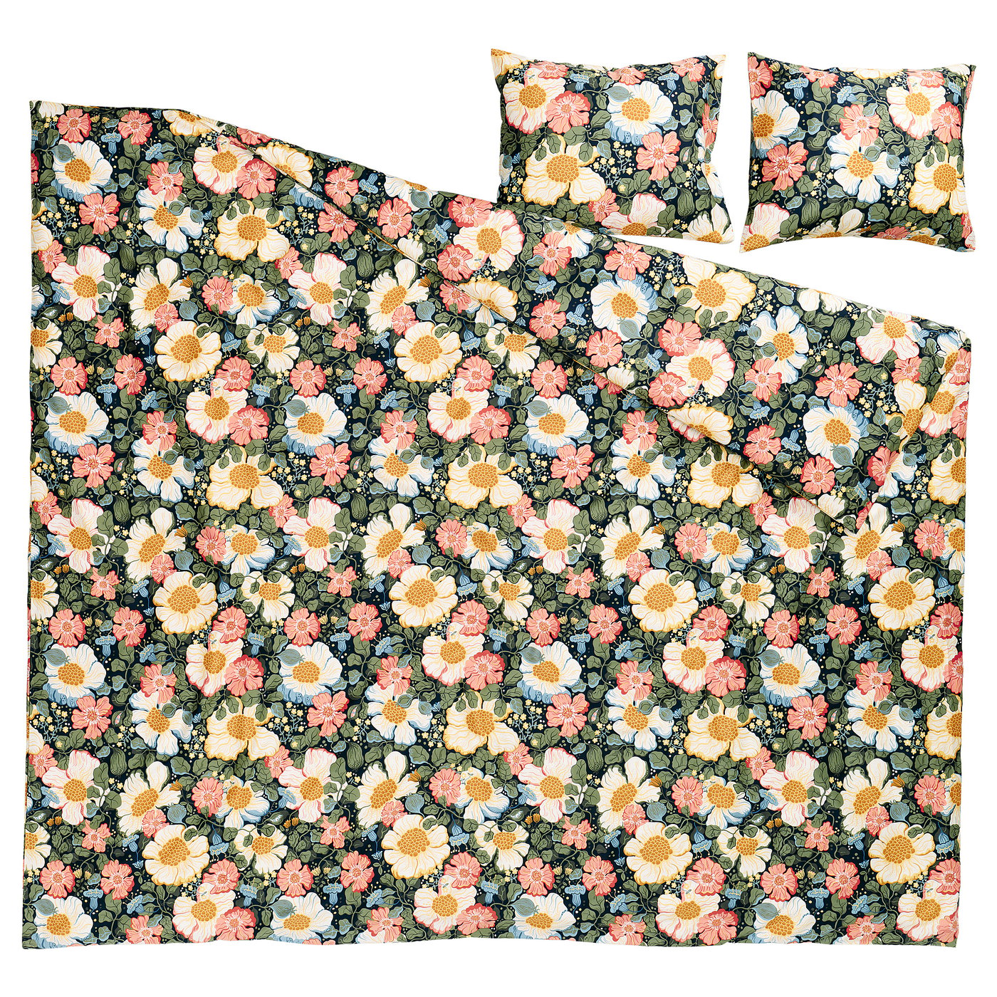 Blommig bäddset: ARENBOK, mörkblå med vita, rosa och gula blommor, mjuk bomull/lyocell-blandning.