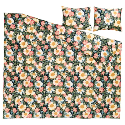 Blommig bäddset: ARENBOK, mörkblå med vita, rosa och gula blommor, mjuk bomull/lyocell-blandning.