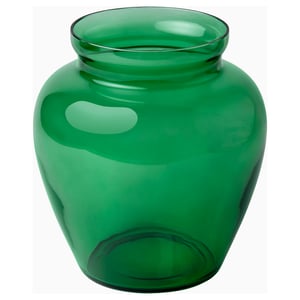 Aromatik vas i grönt glas. Mjuk organisk form med bred öppning. Munblåst hantverk.