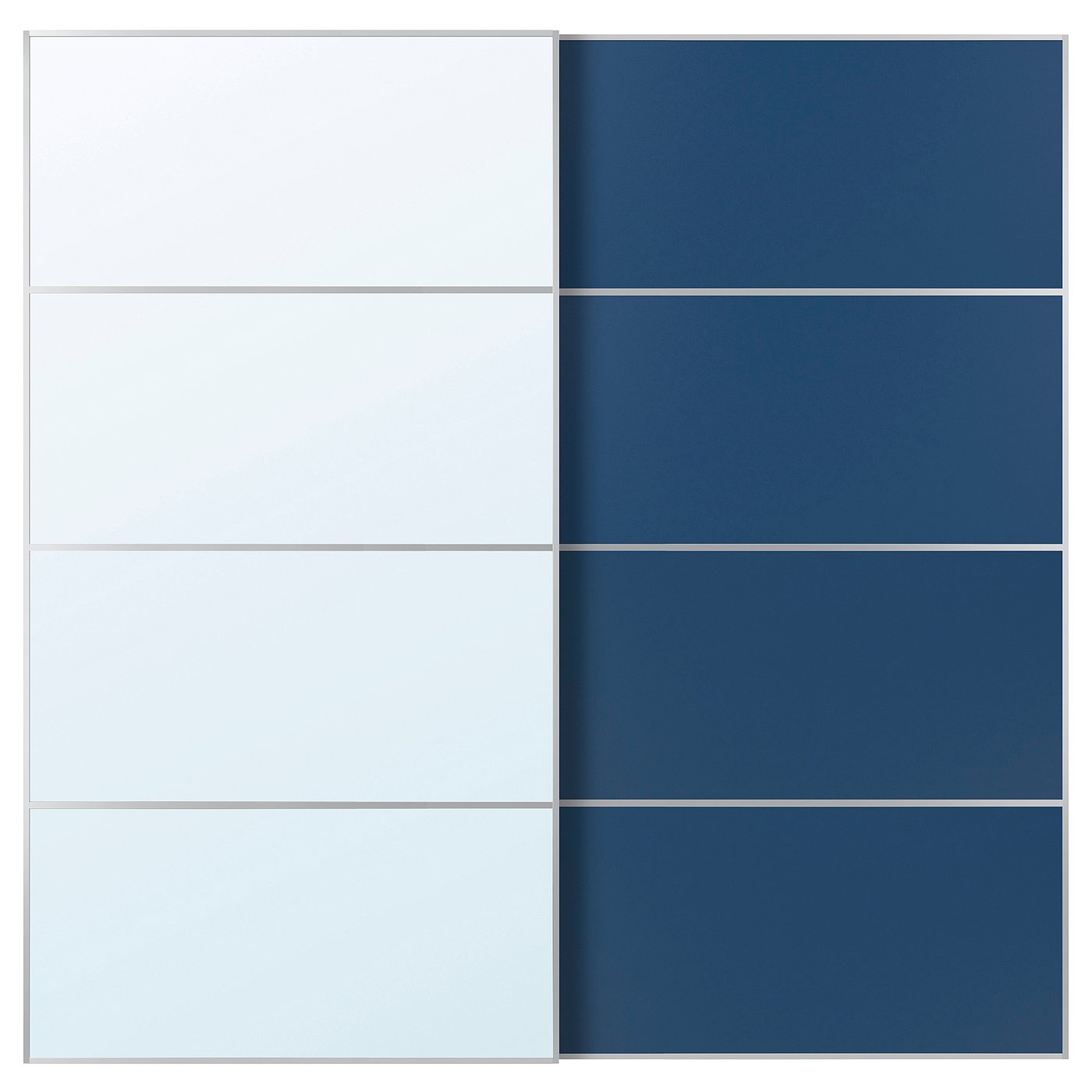 IKEA AULI / MEHAMN skjutdörrpar, aluminium spegelglas/dubbelsidig blå, 200x201 cm