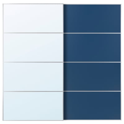 En AULI skjutdörr med speglade och blå paneler, tillverkad av aluminium och glas i modern design.