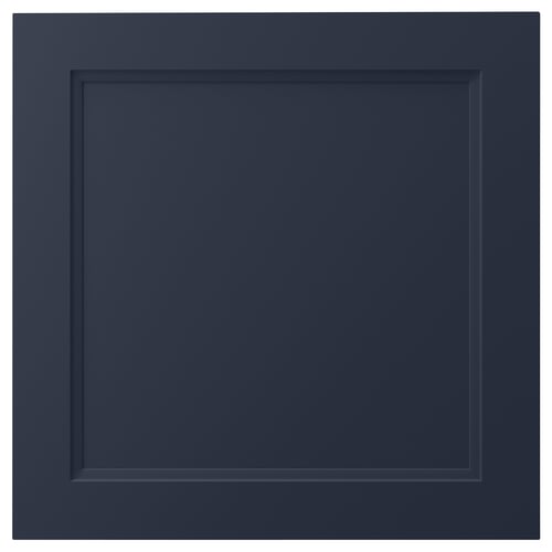 AXSTAD blå kökslucka, fyrkantig form, infälld paneldesign, matt yta, plastfolie, lätt att rengöra.