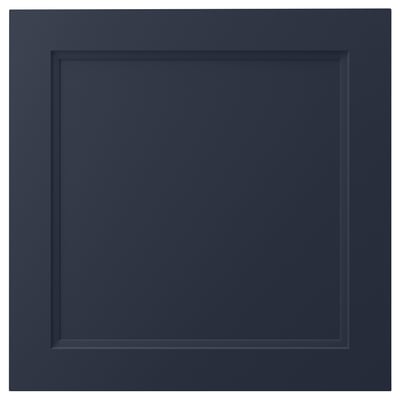 AXSTAD blå kökslucka, fyrkantig form, infälld paneldesign, matt yta, plastfolie, lätt att rengöra.