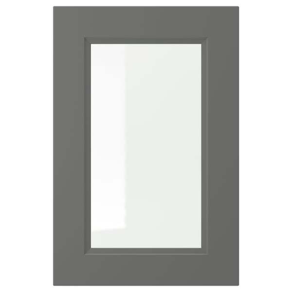 Grå skåpdörr med glaspanel, modern design.