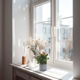 Fönsterbräda med vita vaser som rymmer blommor och växter och njuter av solljuset.