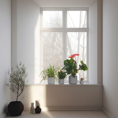 Stort fönster med vit vägg med två röda blommor i grå dekorativa BÄCKDRÅG-krukor på en bred fönsterbräda, plus en liten växt och vaser i närheten.