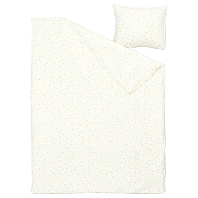 Påslakansetet BARNDRÖM, vitt med gula prickar, bomull och viskos, inkluderar överdrag och örngott.