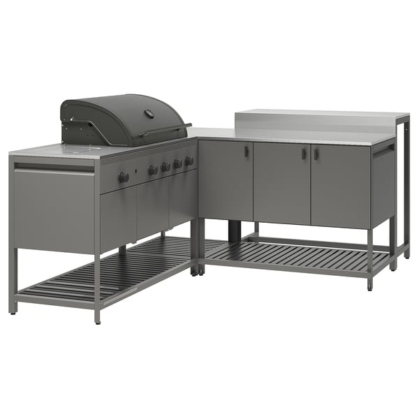 BÅTSKÄR Utekök med gasgrill och barbord - mörkgrå 220x180 cm