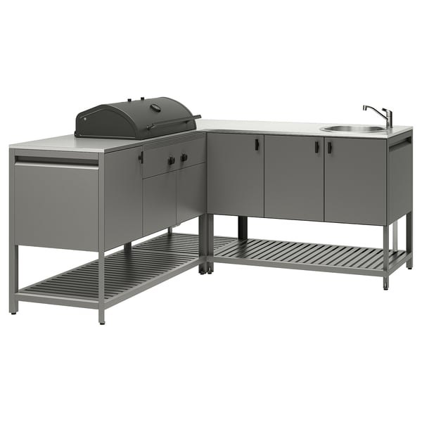 BÅTSKÄR Utekök med kolgrill+diskbänksenhet - mörkgrå 180x180 cm