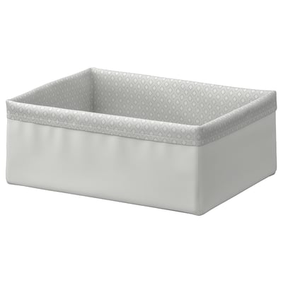 En BAXNA förvaringsorganisatör i grått, tillverkad av återvunnen polyester, designad för hyllor eller lådor, med ett dekorativt inre mönster.
