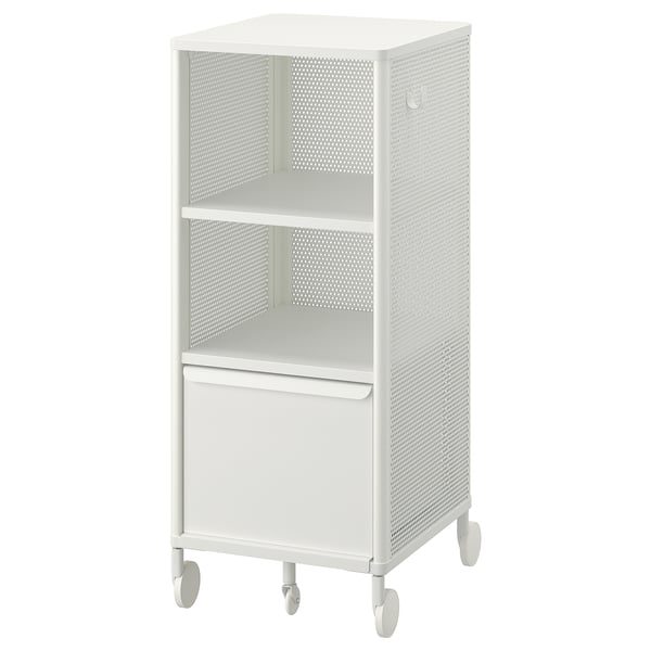 BEKANT vit rullande förvaringsmöbel, metall, rektangulär, perforerad design, hyllor, skåp, hjul.