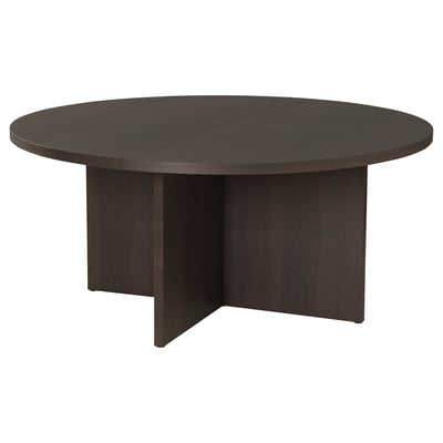 Ett BERGSHYTTAN matbord. Det är runt, svart, gjort av träfaner och har en enkel, modern design med justerbara fötter.