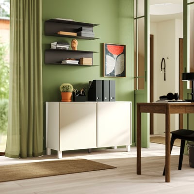 BESTÅ Förvaring med dörrar, Krukmakare beige/Stubbarp vit, 120x42x74 cm