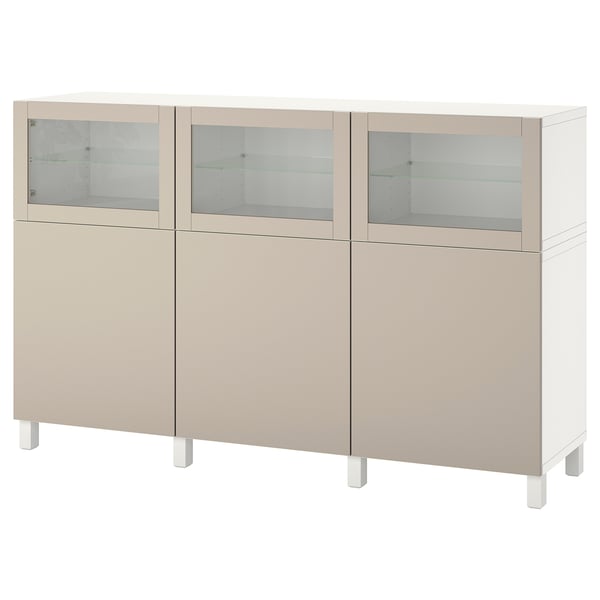 BESTÅ Förvaring med dörrar - vit Lappviken/ljust gråbeige klarglas 180x42x112 cm