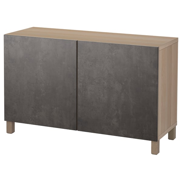 BESTÅ Förvaring med dörrar - vitlaserad ekeffekt Kallviken/Stubbarp/mörkgrå betongmönstrad 120x42x74 cm
