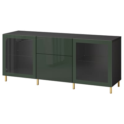 Modernt mörkgrönt sideboard med guldben, med glasdörrar och justerbara hyllplan.