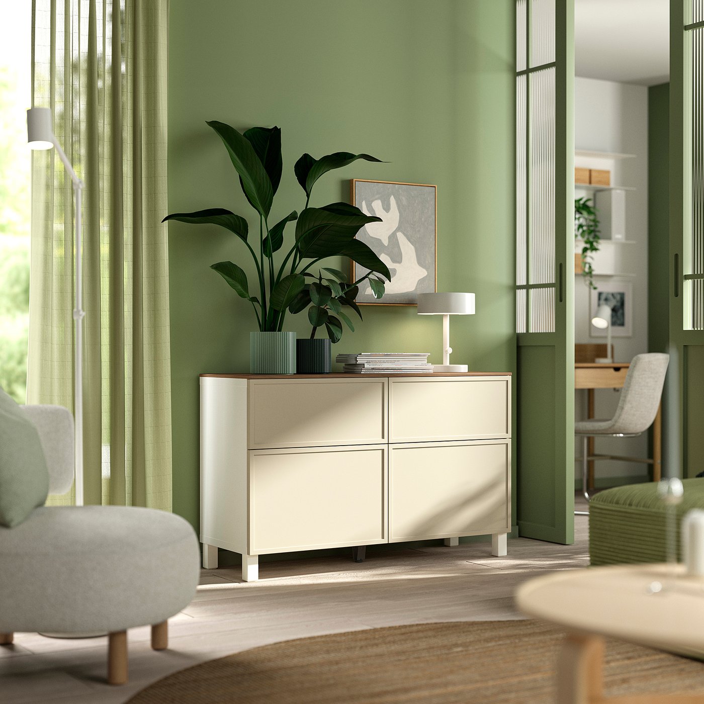 IKEA BESTÅ förvaringskombination+dörrar/lådor, vit/krukmakare beige, 120x42x75 cm