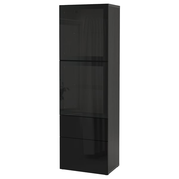 BESTÅ Förvaringskombination med glasdörr - svartbrun/Selsviken högglans/svart rökfärgat glas 60x42x193 cm