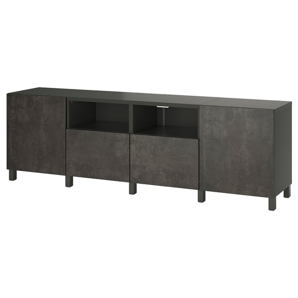Ikea BESTÅ mörkgrå tv-bänk med hyllor och lådor. Modern design, spånskiva, melamin, ben i massivt trä.