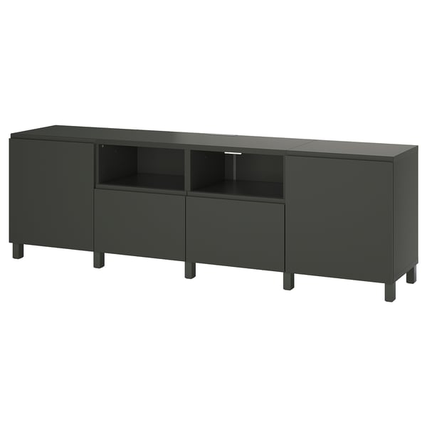 Modern mörkgrå BESTÅ tv-bänk med flyttbara hyllplan, kabelhantering och två lådor. Elegant, rektangulär design.