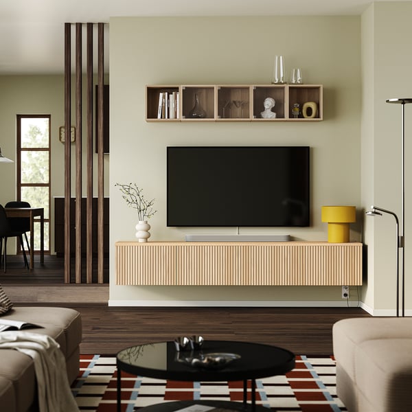 BESTÅ Tv-bänk med dörrar, svartbrun/Björköviken ekfaner, 240x42x40 cm
