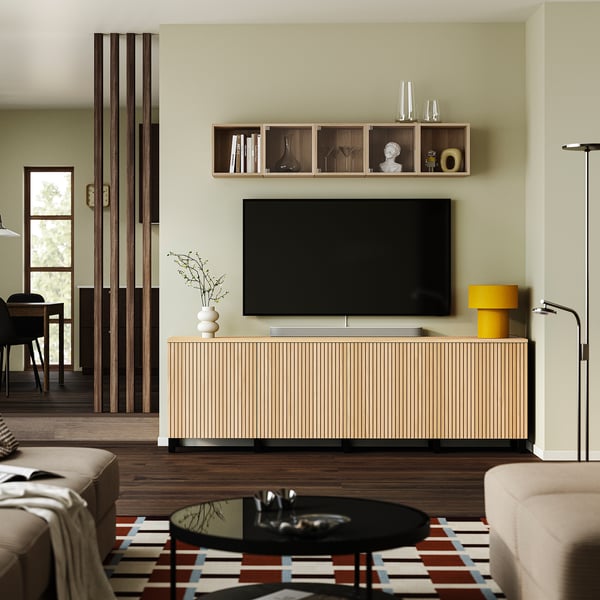 BESTÅ Tv-bänk med dörrar, svartbrun/Björköviken/Stubbarp ekfaner, 240x42x76 cm