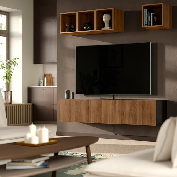 BESTÅ Tv-bänk med dörrar, svartbrun/Lappviken valnötsmönstrad, 180x42x38 cm