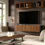 BESTÅ Tv-bänk med dörrar, svartbrun/Lappviken valnötsmönstrad, 180x42x38 cm