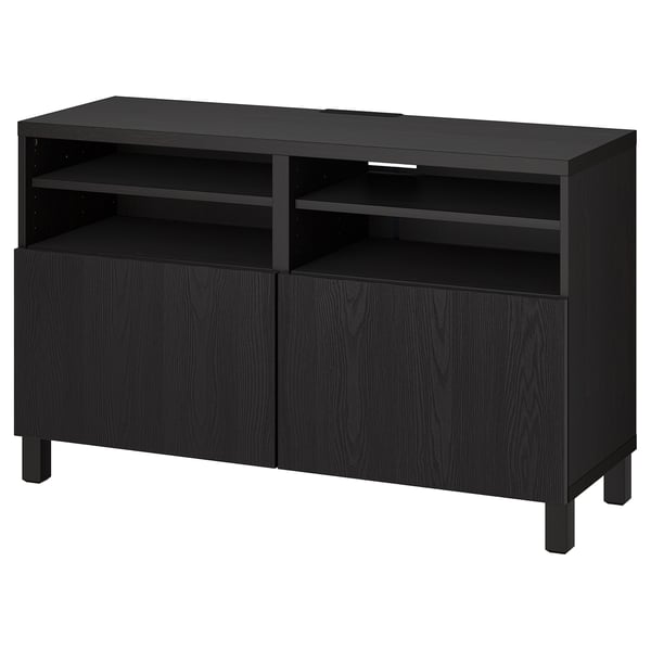 Svart BESTÅ tv-bänk med två hyllor, två skåp, snygg design, justerbara hyllor.