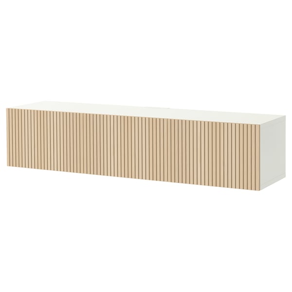 BESTÅ Tv-bänk med dörrar, vit/Björköviken askfaner, 180x42x38 cm
