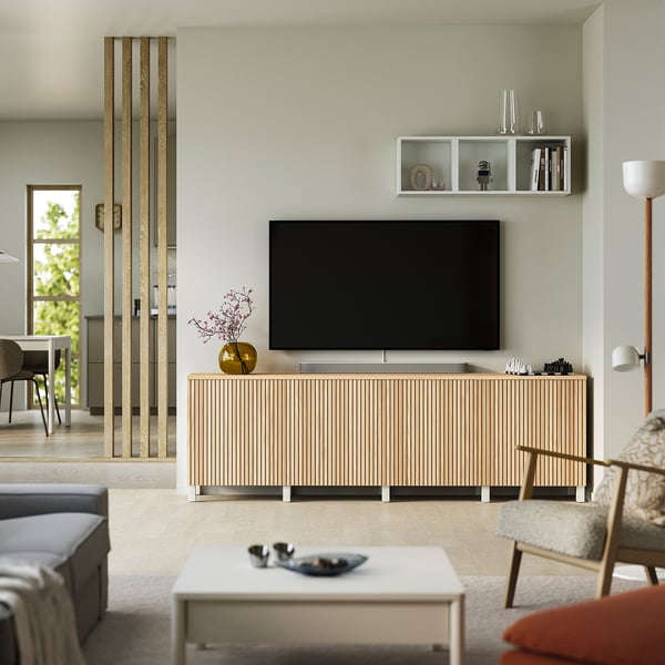 BESTÅ Tv-bänk med dörrar, vit/Björköviken/Stubbarp ekfaner, 240x42x76 cm