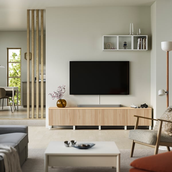 BESTÅ Tv-bänk med dörrar, vit/Björköviken/Stubbarp ekfaner, 240x42x50 cm