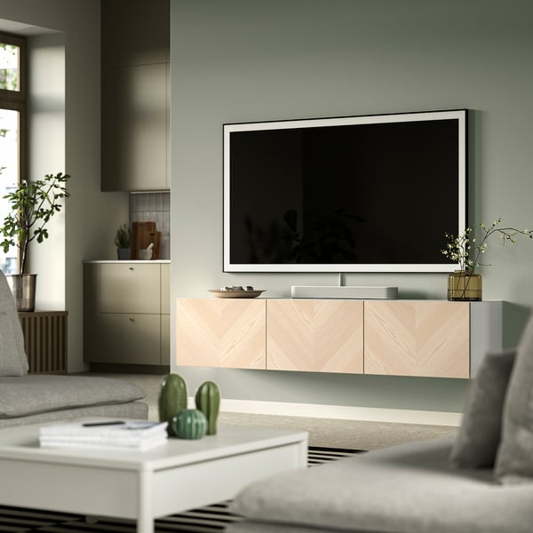 BESTÅ Tv-bänk med dörrar, vit/Hedeviken askfaner, 180x42x38 cm