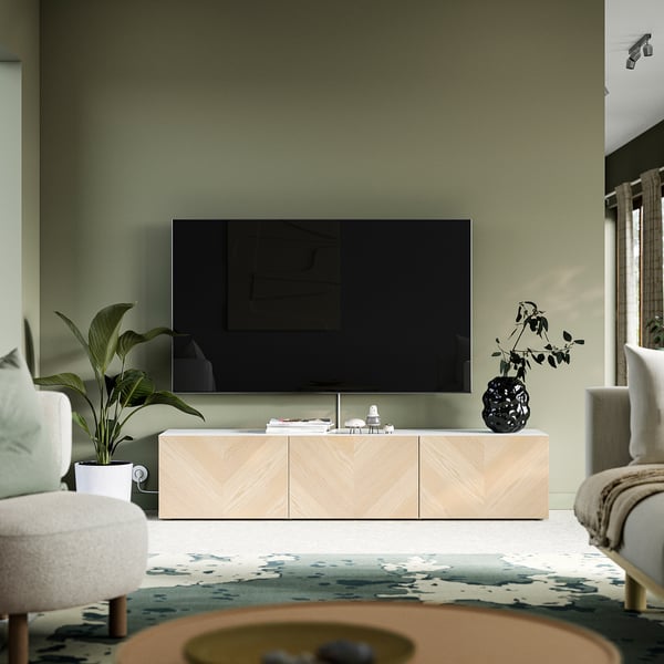 BESTÅ Tv-bänk med dörrar, vit/Hedeviken askfaner, 180x42x38 cm