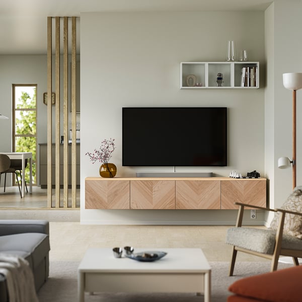 BESTÅ Tv-bänk med dörrar, vit/Hedeviken ekfaner, 240x42x40 cm