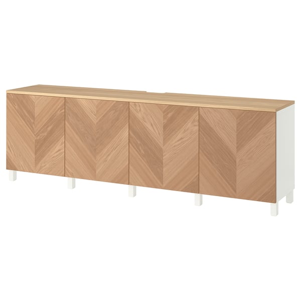 BESTÅ Tv-bänk med dörrar, vit/Hedeviken/Stubbarp ekfaner, 240x42x76 cm
