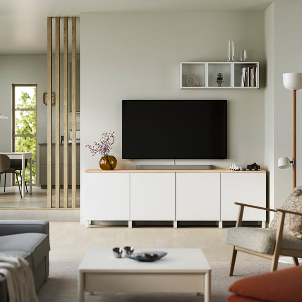 BESTÅ Tv-bänk med dörrar, vit/Lappviken/Stubbarp vit, 240x42x76 cm