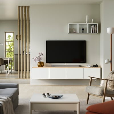 BESTÅ Tv-bänk med dörrar, vit/Lappviken vit, 240x42x40 cm