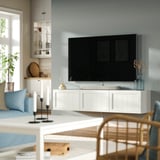 BESTÅ Tv-bänk med dörrar, vit/Pipmakare vit, 180x42x38 cm
