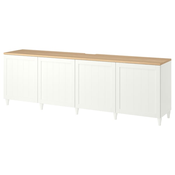 BESTÅ Tv-bänk med dörrar, vit/Pipmakare vit, 240x42x76 cm